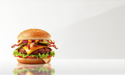 3d cartoon Burger King with double cheese, double meat and very delicious pieces of bacon,copy space background