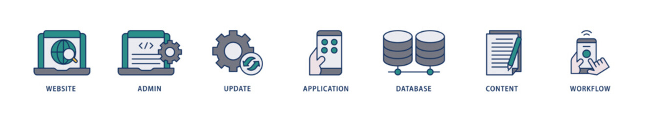 CMS icons set collection illustration of workflow, application, content, database, update, admin, website icon live stroke and easy to edit 