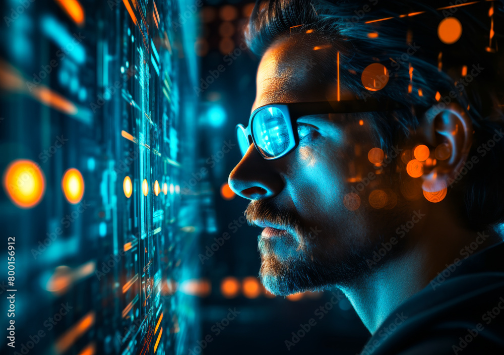 Poster pensive male computer programmer in glasses working on big data analysis and ux design concept