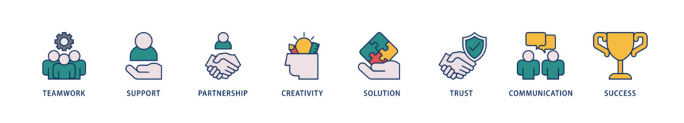 Collaboration icons set collection illustration of teamwork, support, partnership, creativity, solution, trust, communication, success icon live stroke and easy to edit 