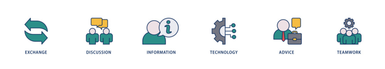 Communication icons set collection illustration of exchange, discussion, information, technology, advice, and teamwork icon live stroke and easy to edit 
