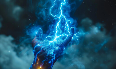 Powerful Zeus/Thor-Like Male Hand Emitting Thunderbolt Lightning Against Stormy Sky - Power, Energy, Strength
