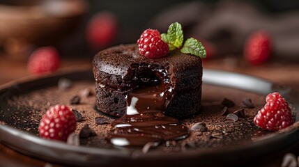 A tantalizing macro shot of a decadent chocolate lava cake, the rich, molten center oozing from the perfectly baked exterior, showcasing intricate details and tempting visual appeal through expert 