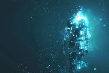 Blue glowing digital human form with connection lines and floating particles on turquoise background