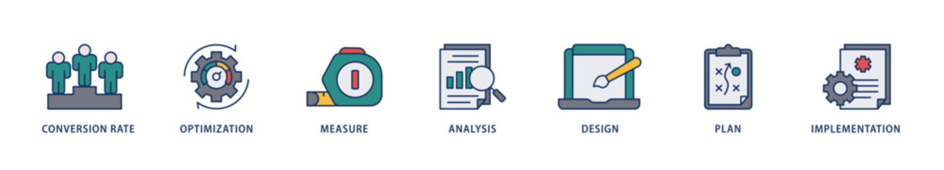 CRO icons set collection illustration of measure, analysis, design, plan, and implementation icon live stroke and easy to edit 