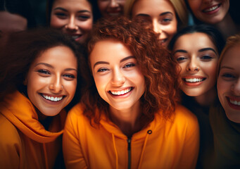 Obraz premium Smiling diverse colleagues huddle close celebrating teamwork, expressing happiness, solidarity in casual office setting