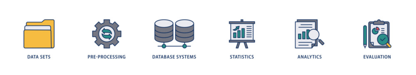 Data mining icons set collection illustration of data sets, pre processing, database systems, statistics, analytics and evaluation icon live stroke and easy to edit 