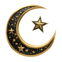 The black star with stars and gold edging symbol of Islam is a star with a crescent moon on a transparent background. Religious symbols. Islam