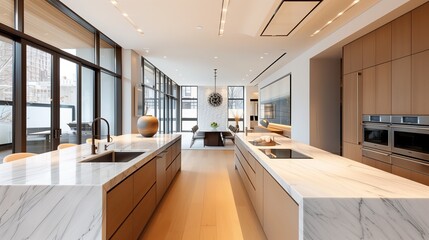 Obraz premium A contemporary kitchen with waterfall countertops and integrated appliances.