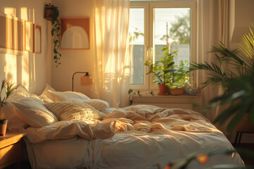 A bedroom with a large bed, a window, and several plants. The bed is unmade, and the sunlight is streaming in through the window.