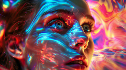 Woman's face overlaid with vibrant psychedelic patterns.