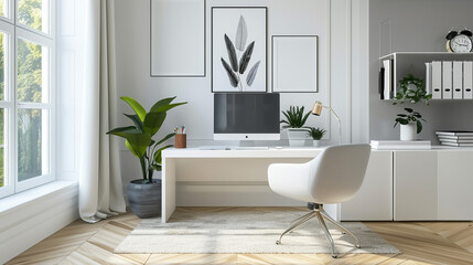 A bright and airy home office with a large window, a white desk, and a comfortable chair. The room is decorated with plants and artwork, and there is a rug on the floor.