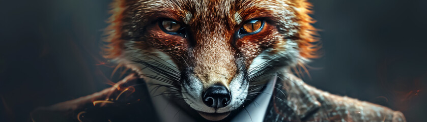 A close up of a red fox wearing a suit and tie