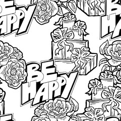 Obraz premium Gift box, ribbon and flowers seamless vector pattern for wrapping present with bow, party celebration, sale promotion, Textile print, fabric design, banner background. Hand drawn style illustration.