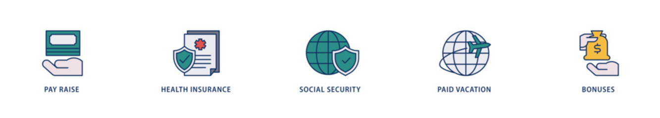 Employee benefits icons set collection illustration of pay raise, health insurance, social security, paid vacation and bonuses icon live stroke and easy to edit 
