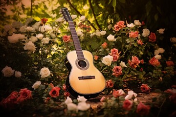 a classic guitar gently resting against a blooming flower bush in garden, blending music with nature - obrazy, fototapety, plakaty