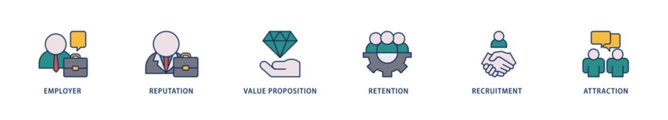 Employer branding icons set collection illustration of pay raise, reputation, value proposition, retention, recruitment and attraction icon live stroke and easy to edit 