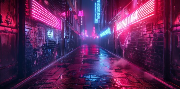 Beautiful neon night in a cyberpunk city. Futuristic cityscape. Empty street with multicolored neon lights.