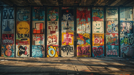 Diverse graffiti pieces on urban wall, showcasing different styles and colors.