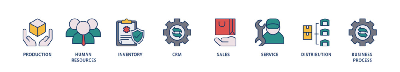 Enterprise resource planning icons set collection illustration of production, human resources, inventory, crm, sales, service icon live stroke and easy to edit 