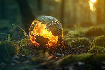 Glowing globe of the earth in the middle of a lush forest at dawn