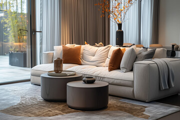 /imagine: prompt living room with large couch and two round coffee tables, gray and brown color scheme