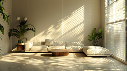 The interior of a modern living room with a large white sectional sofa, plants, and large windows.