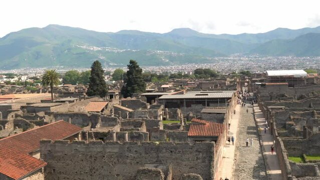 Panoramic view of Pompei, ancient Roman colony buried under the ashes of mount Vesuvius, Italy
