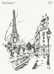 Hand drawn vector illustration of Eiffel Tower, Paris streets