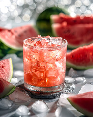 Close-up fresh watermelon juice or smoothie in glasses with watermelon pieces on a pink background. Refreshing summer drink