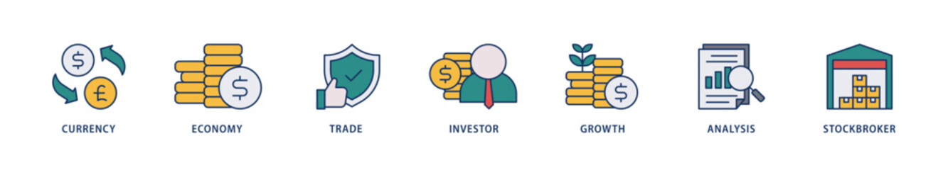 Forex icons set collection illustration of currency, economy, trade, investor, growth, analysis and stockbroker icon live stroke and easy to edit 
