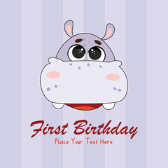 Birthday card with funny hippo and red lollipop. Vector illustration.