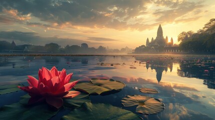 lotus in the lake and seeing Thai Buddhist temple, Lopburi style