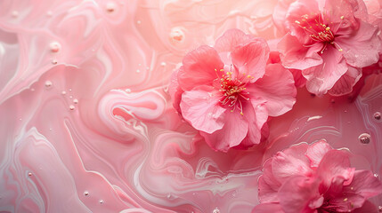 A pink flower is floating in a pink and white swirl of paint