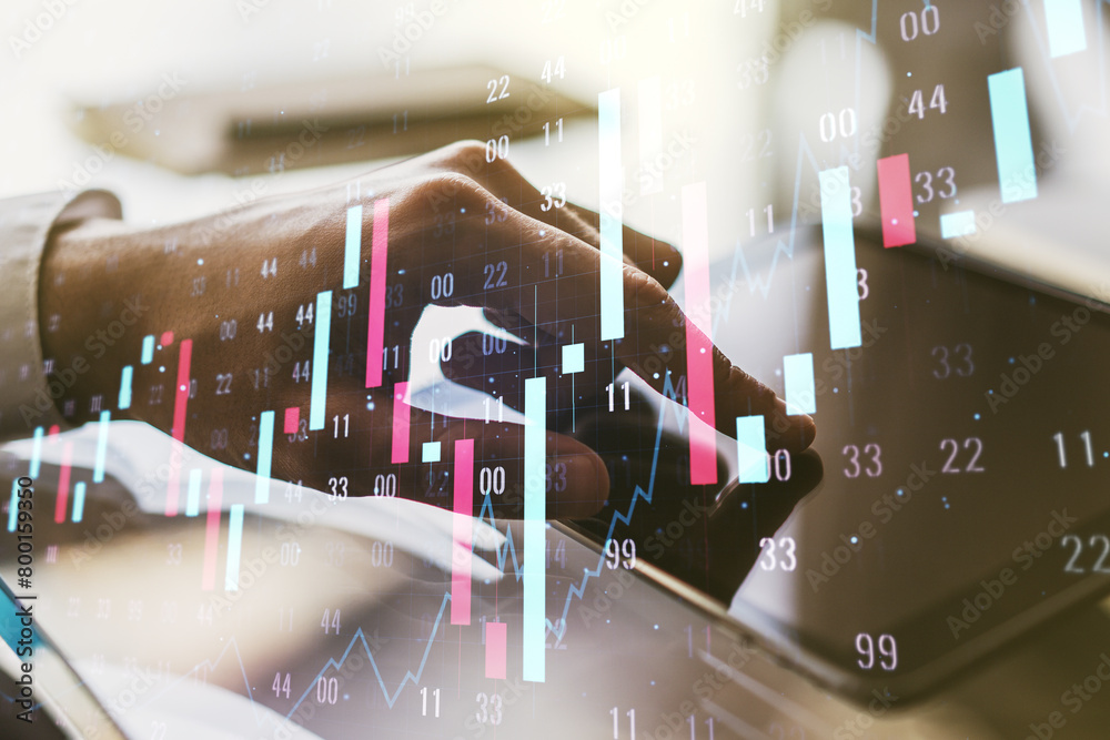 Poster double exposure of abstract creative financial chart with finger clicks on a digital tablet on backg