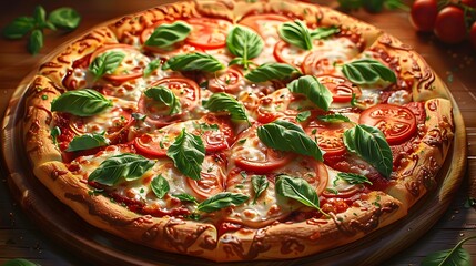 An inviting scene of a traditional Italian Margherita pizza, the bubbled crust and vibrant tomato sauce accentuated by delicate basil leaves, capturing the authentic flavors through realistic renderin - obrazy, fototapety, plakaty