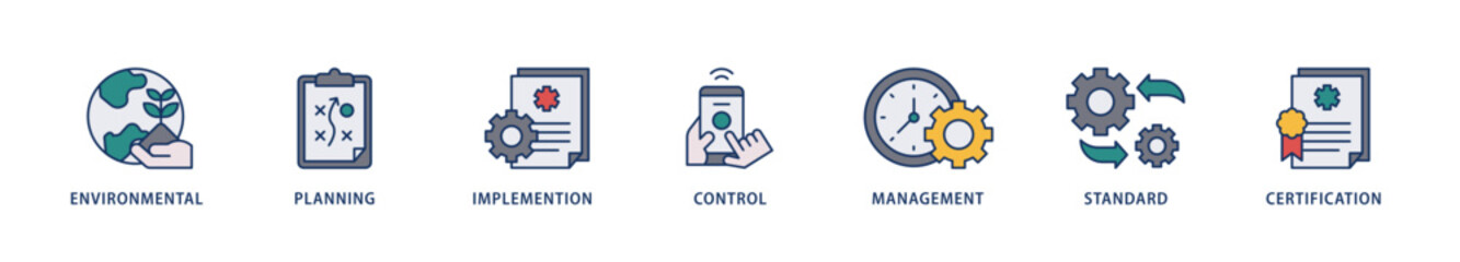 ISO 14001 icons set collection illustration of analysis, standards, system management, communication, and haccp principles icon live stroke and easy to edit 