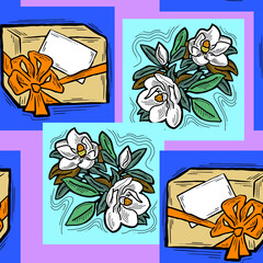 Gift box, ribbon and flowers seamless vector pattern for wrapping present with bow, party celebration, sale promotion, Textile print, fabric design, banner background. Hand drawn style illustration.