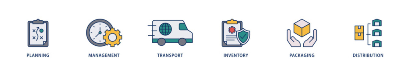 Logistics icons set collection illustration of planning, management, transport, inventory, packaging, and distribution icon live stroke and easy to edit 