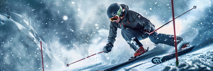 Intense Downhill Slalom Skiing Displaying Precision and Speed - obrazy, fototapety, plakaty