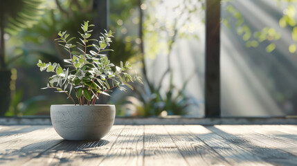 A potted plant sits on a wooden table in a bright room