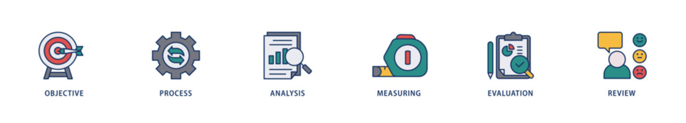 Monitoring icons set collection illustration of objective, process, analysis, measuring, evaluation and review icon live stroke and easy to edit 