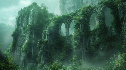 The mysterious lost city of Avalon emerges from the mist, showcasing ancient ruins covered in ivy.