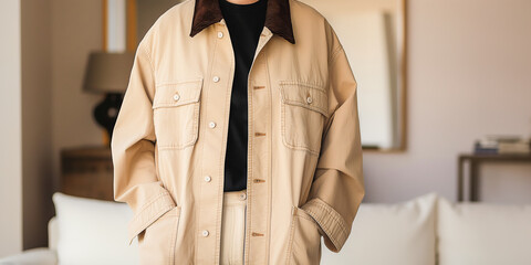 Cropped view of a person in a stylish oversized beige jacket with a contrasting collar, a perfect blend of comfort and fashion against a homey backdrop. Trendy Worker jacket style for fashionable look