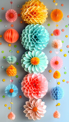 Fototapeta premium Vertical composition of colorful paper decorations hung against a light blue wall.DIY art installation