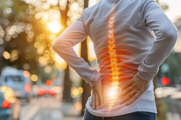 Woman experiencing spine pain from osteoporosis, degeneration, cancer, or disc disease