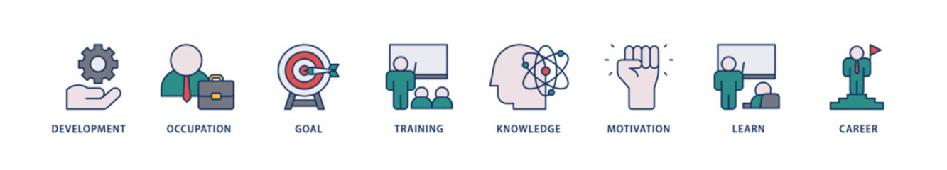 New skills icons set collection illustration of development, occupation, goal, training, knowledge, motivation, learn and career icon live stroke and easy to edit 