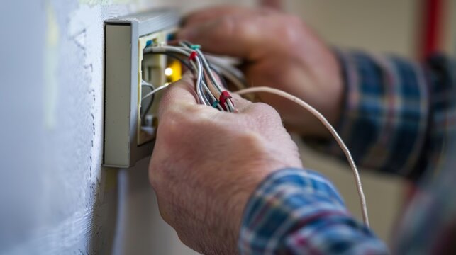 A person carefully inspecting an electrical outlet for any exposed wires that might be causing the short circuit