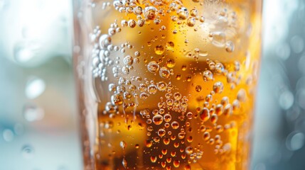 A close-up shot of a tall glass filled with iced tea. Beads of condensation cling to the surface, hinting at the cool temperature of the drink