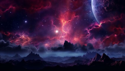 A beautiful space nebula with a planet and mountains in the foreground